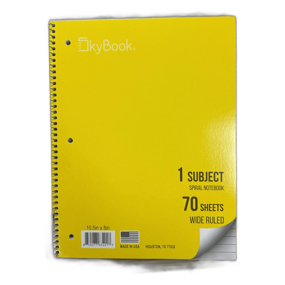 [SB-SPI1-70-WR] SKYBOOK 1 Subject Spiral Notebook, Wide Ruled, 70 Sheets, Assorted Colors